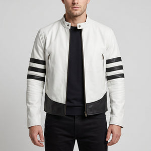 Men's White Leather Jacket with Black Patches