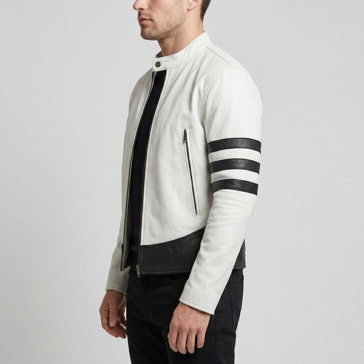 Men's White Leather Jacket with Black Patches