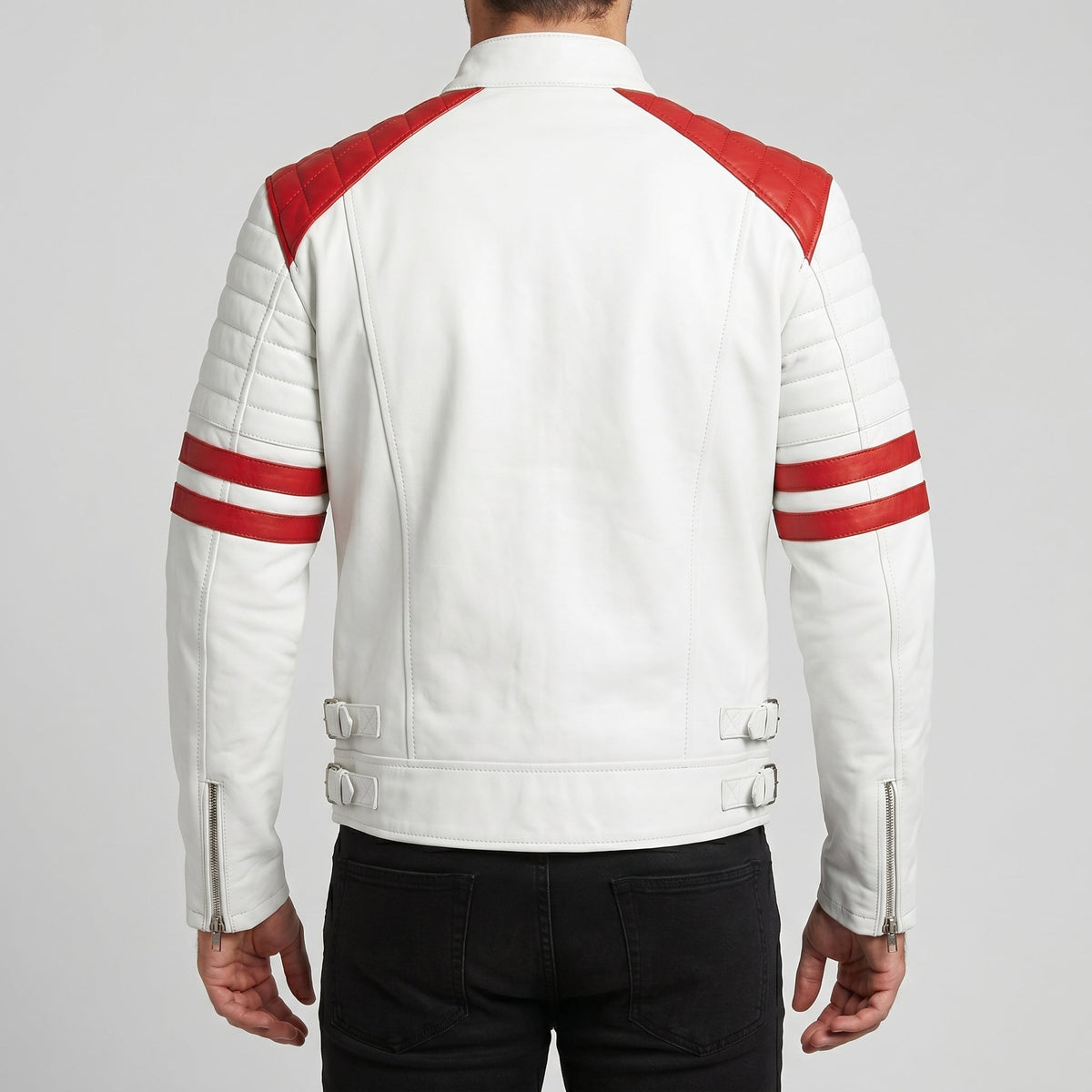 Men's White Leather Jacket with Red Patches