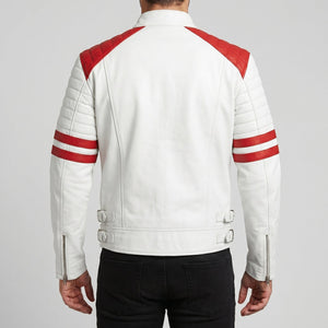 Men's White Leather Jacket with Red Patches