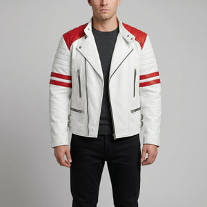 Men's White Leather Jacket with Red Patches