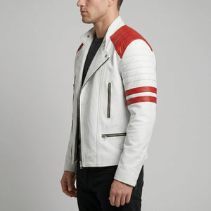 Men's White Leather Jacket with Red Patches