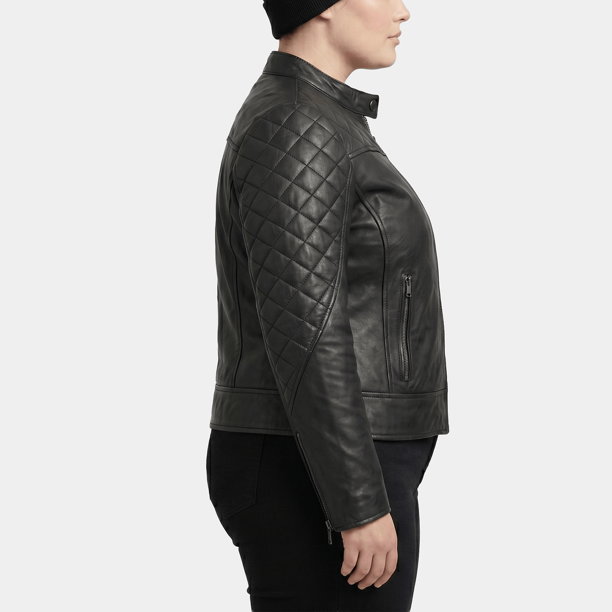 Nyx Plus Size Women's Black Quilted Leather Cafe Racer Jacket