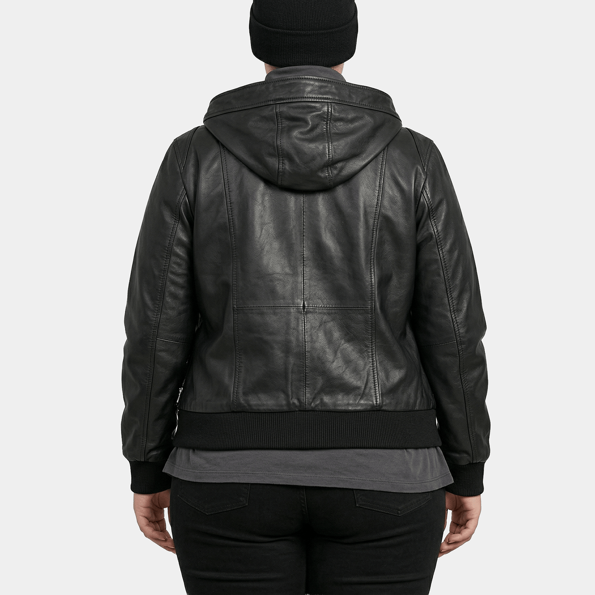 Raven Plus Size Women's Black Leather Hooded Bomber Jacket