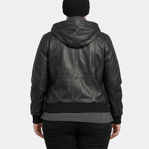 Raven Plus Size Women's Black Leather Hooded Bomber Jacket