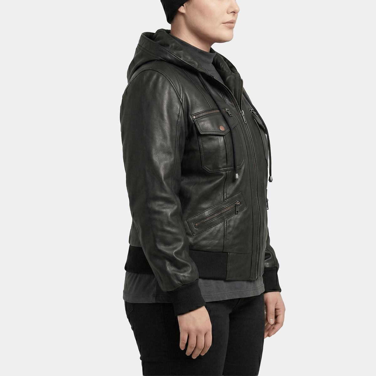 Raven Plus Size Women's Black Leather Hooded Bomber Jacket