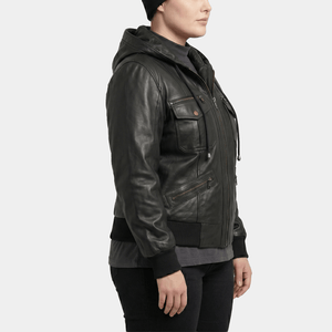 Raven Plus Size Women's Black Leather Hooded Bomber Jacket