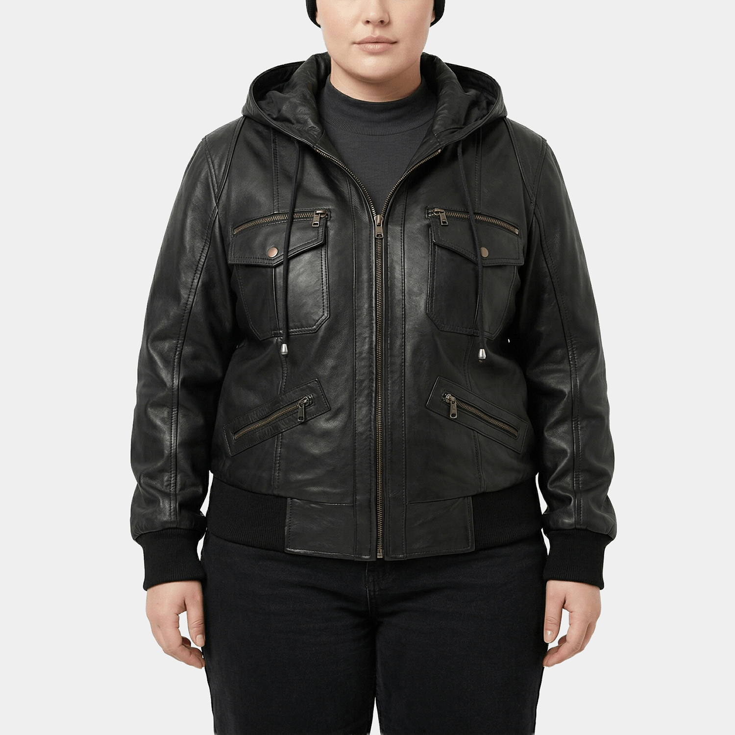 Raven Plus Size Women's Black Leather Hooded Bomber Jacket