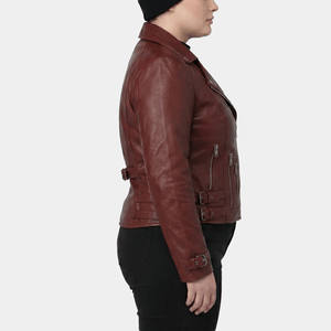 Sereia Plus Size Women's Oxblood Leather Asymmetric Biker Jacket
