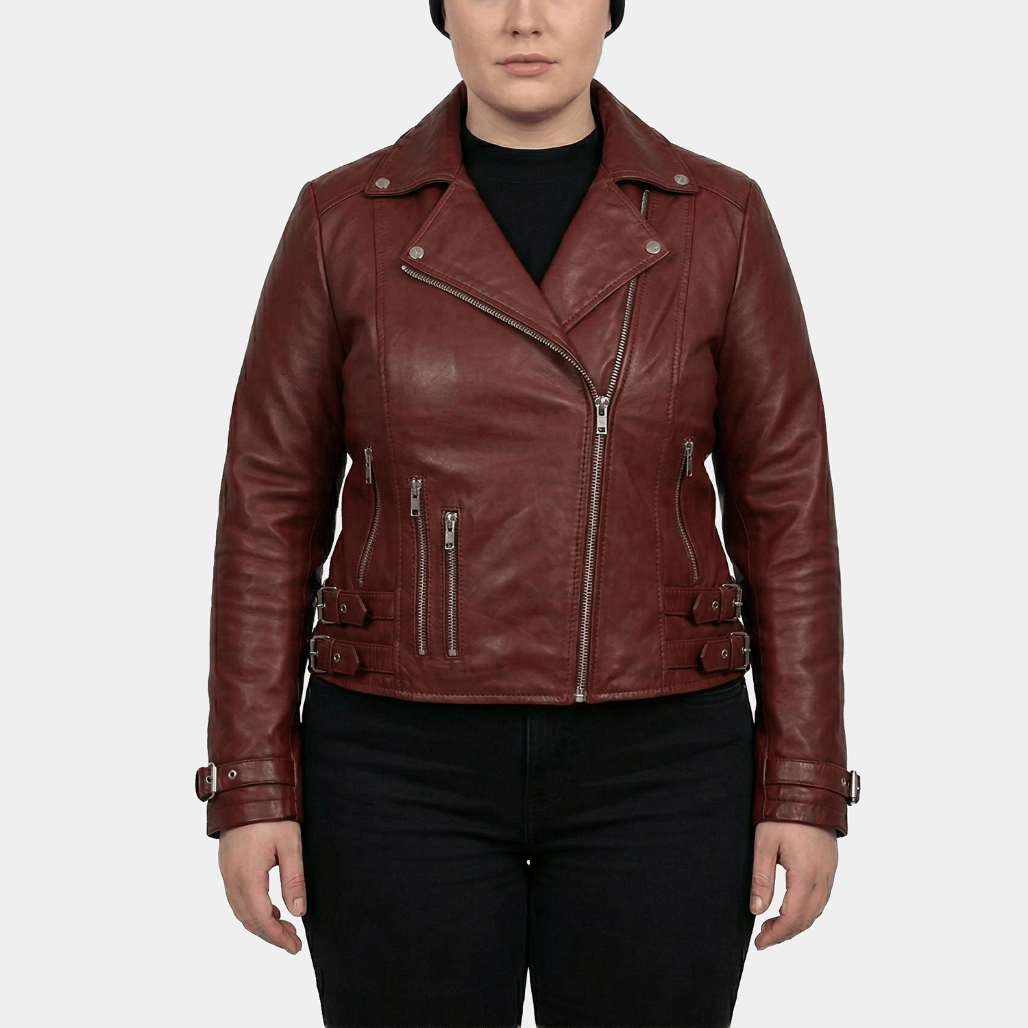 Sereia Plus Size Women's Oxblood Leather Asymmetric Biker Jacket