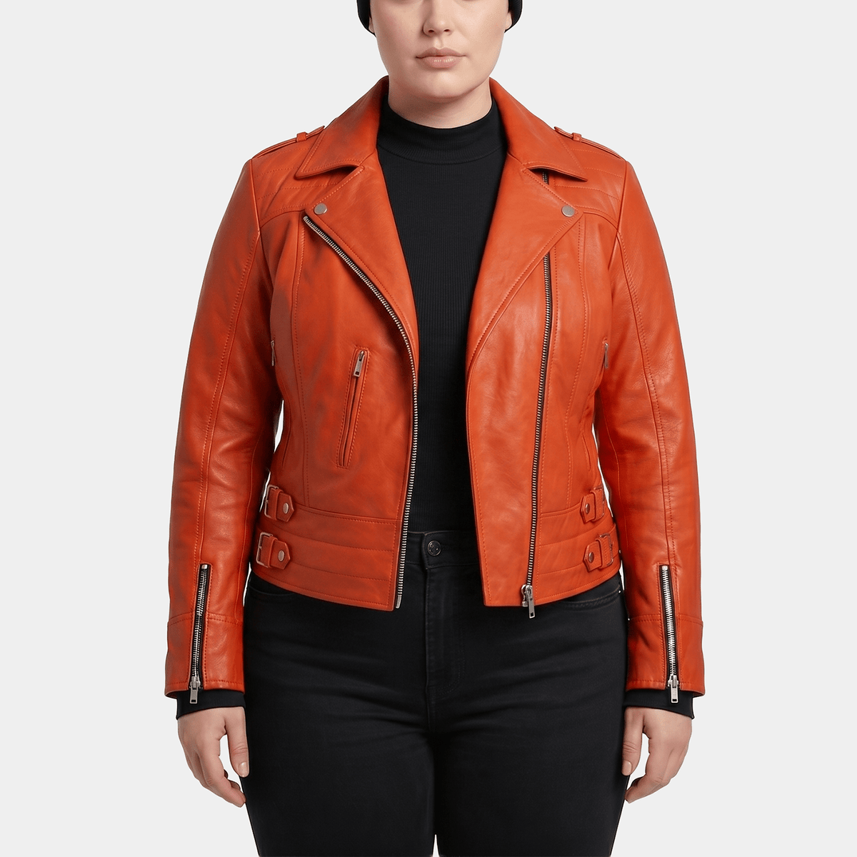 Solène Plus Size Women's Burnt Orange Leather Biker Jacket