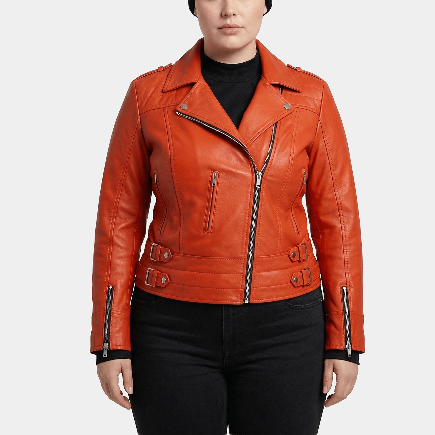 Solene Plus Size Women's Burnt Orange Leather Biker Jacket