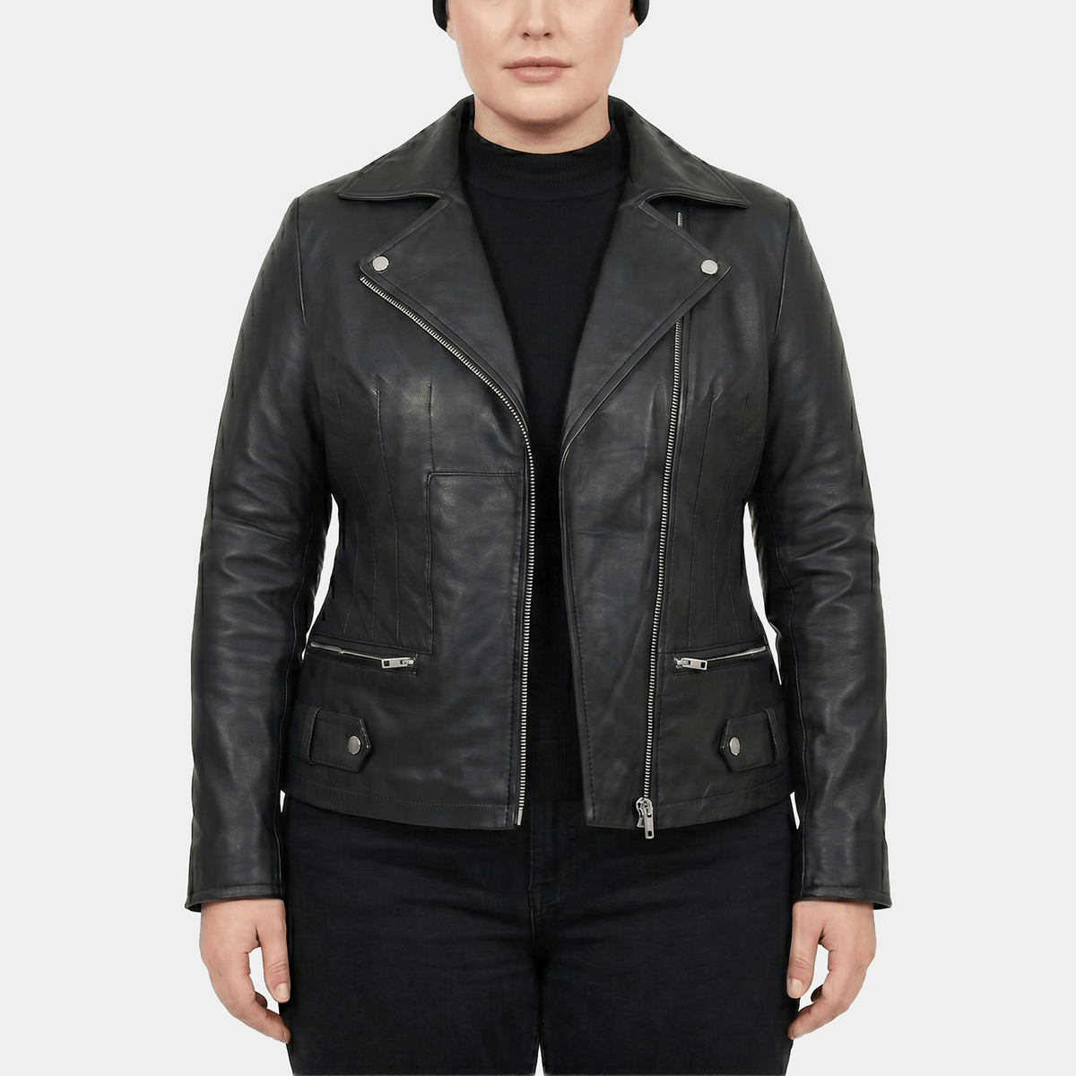 Thessa Plus Size Women's Black Leather Asymmetric Moto Jacket