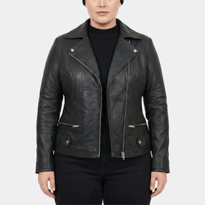 Thessa Plus Size Women's Black Leather Asymmetric Moto Jacket