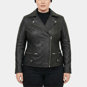Thessa Plus Size Women's Black Leather Asymmetric Moto Jacket