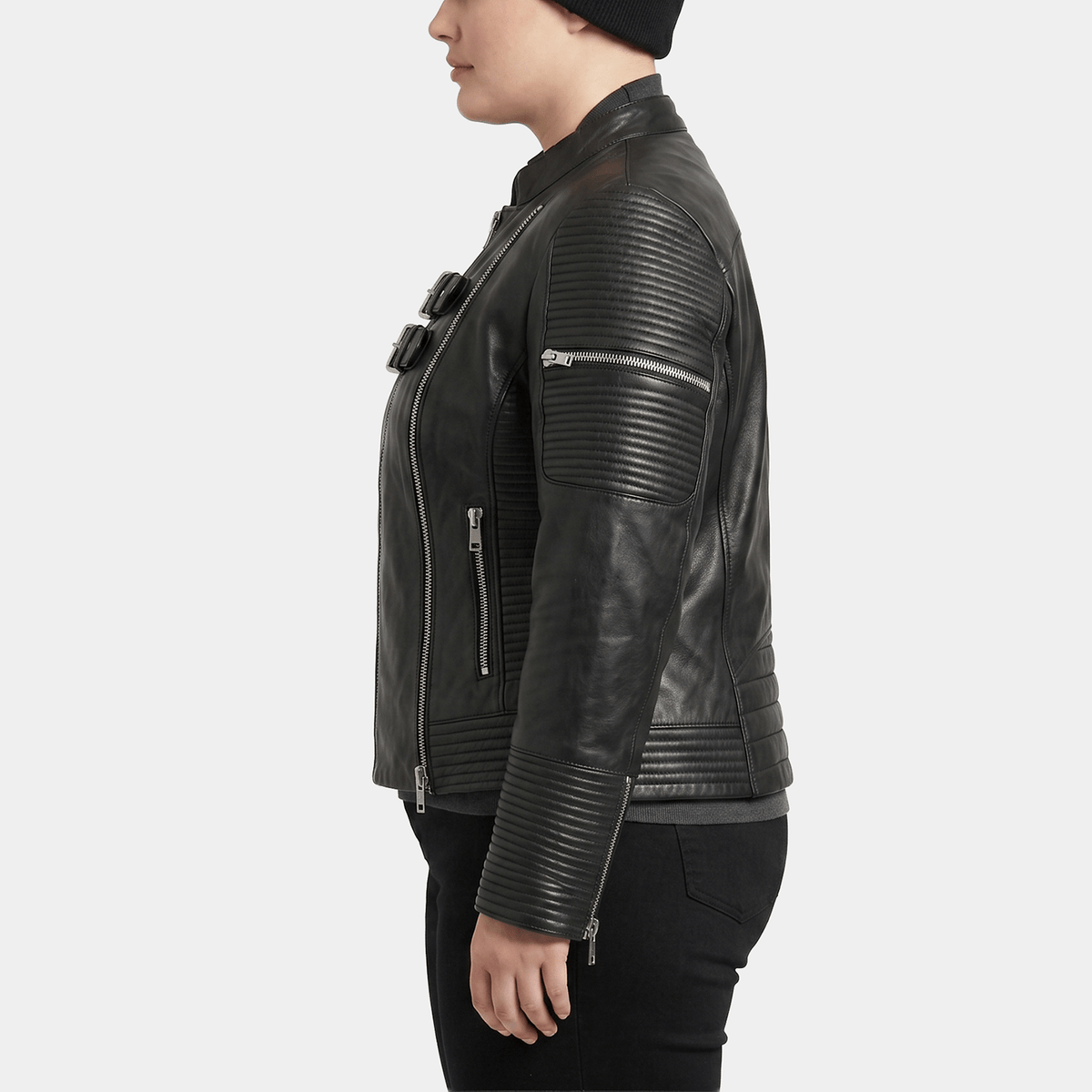 Valdis Plus Size Women's Black Leather Double Buckle Moto Jacket