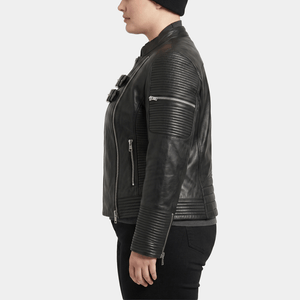 Valdis Plus Size Women's Black Leather Double Buckle Moto Jacket