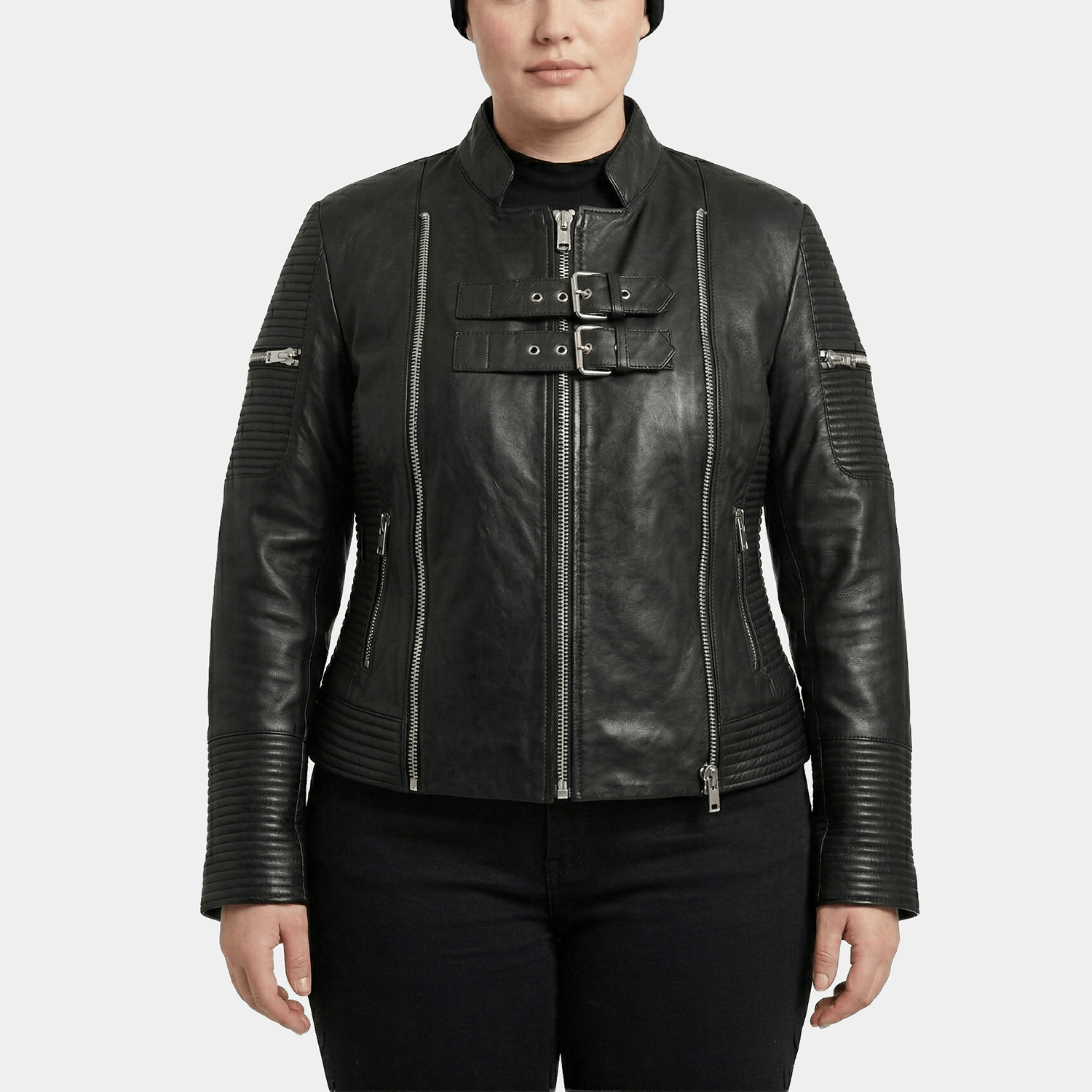 Valdis Plus Size Women's Black Leather Double Buckle Moto Jacket