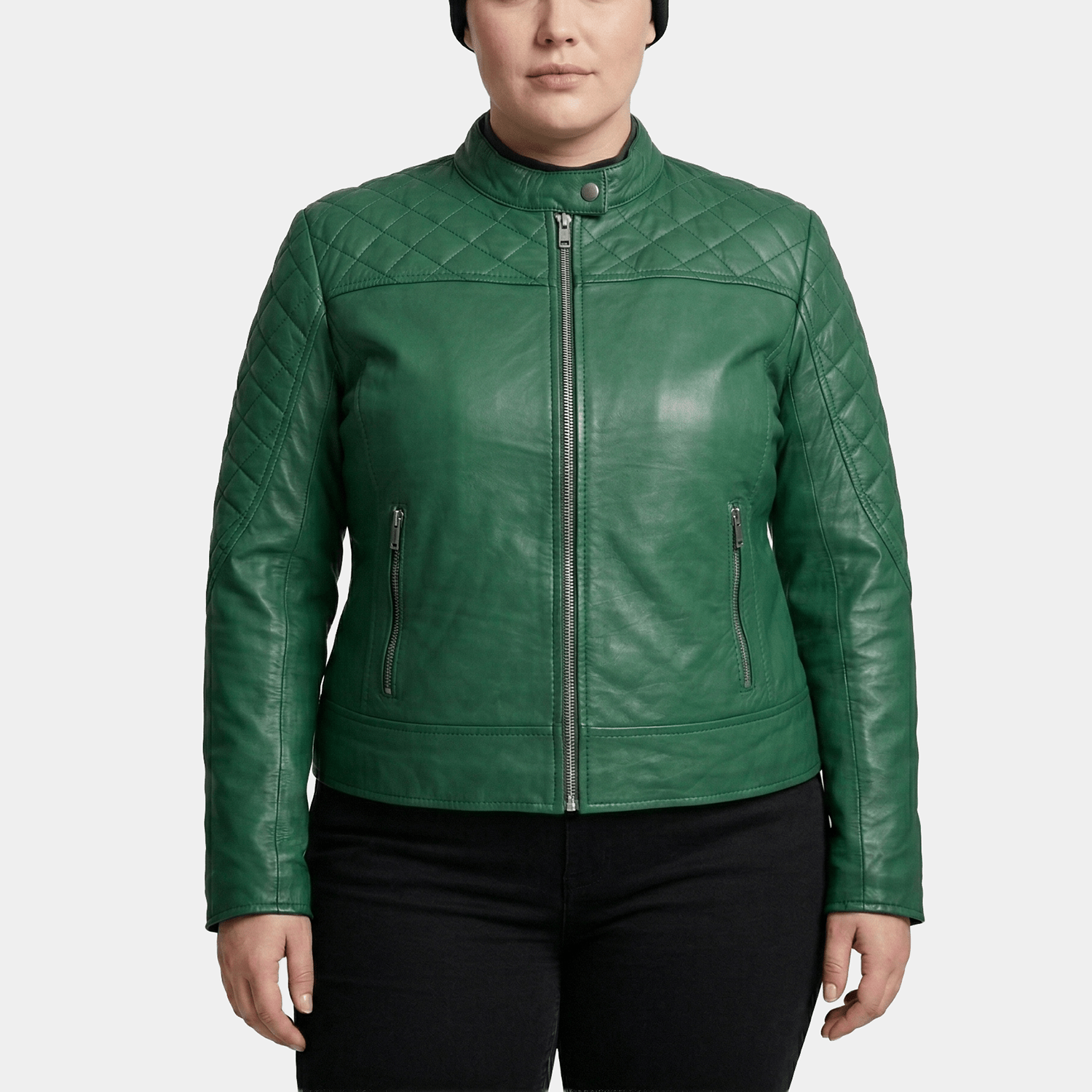 Vivienne Plus Size Women's Green Quilted Leather Moto Jacket