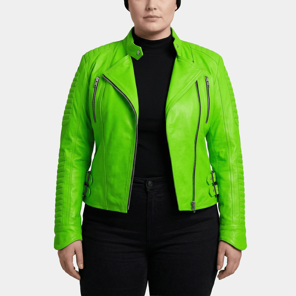 Zelda Plus Size Women's Green Leather Asymmetric Biker Jacket