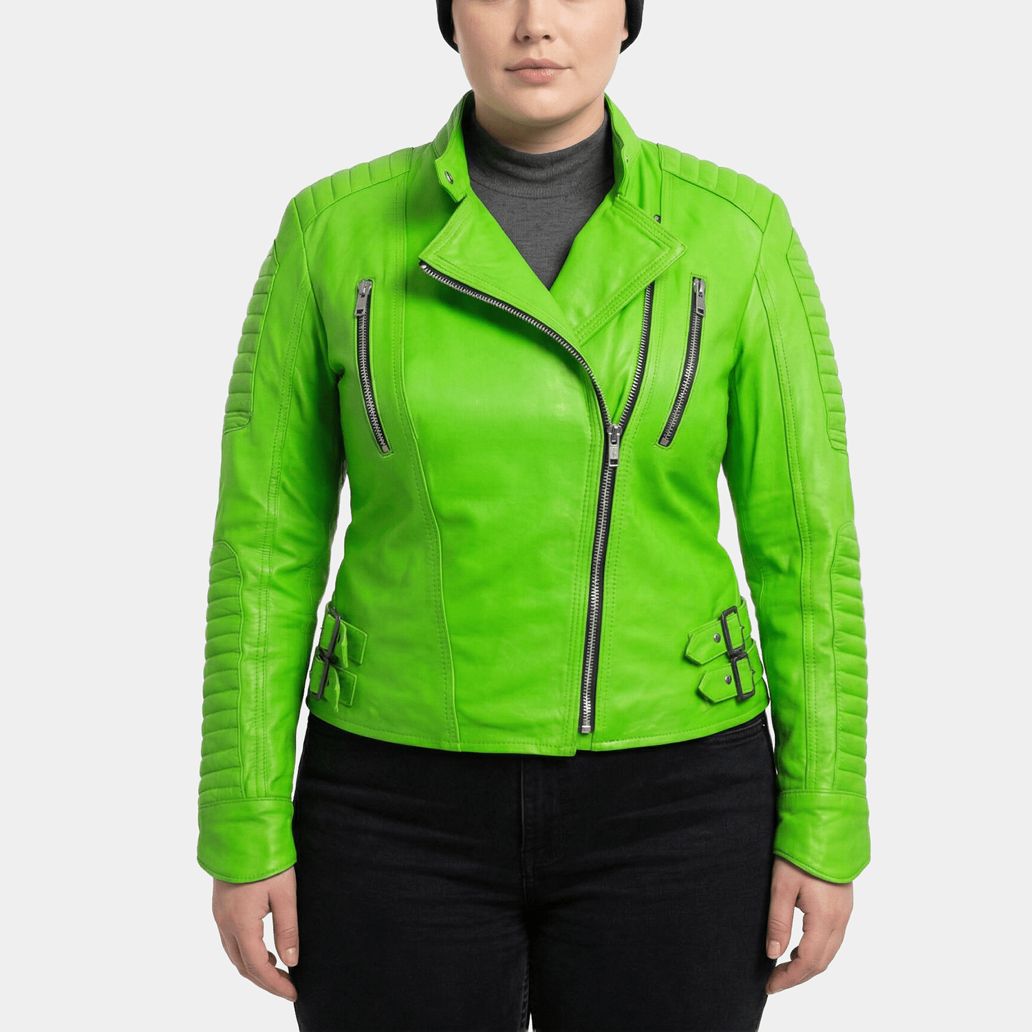 Zelda Plus Size Women's Green Leather Asymmetric Biker Jacket