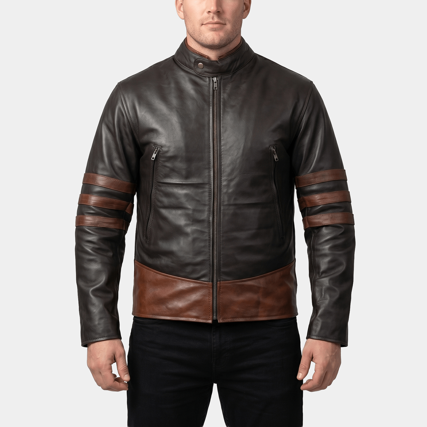Alex Big & Tall Men's Black Brown Leather Café Racer Jacket
