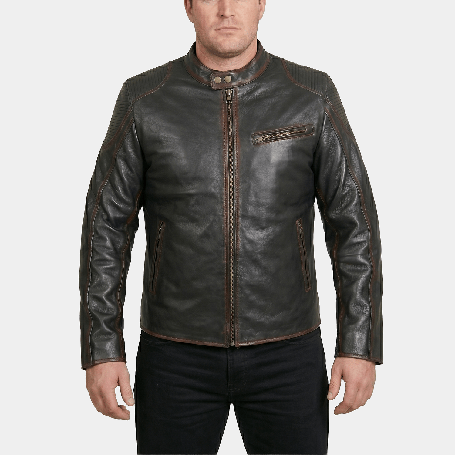 Brandon Big & Tall Men's Black Brown Leather Motorcycle Jacket