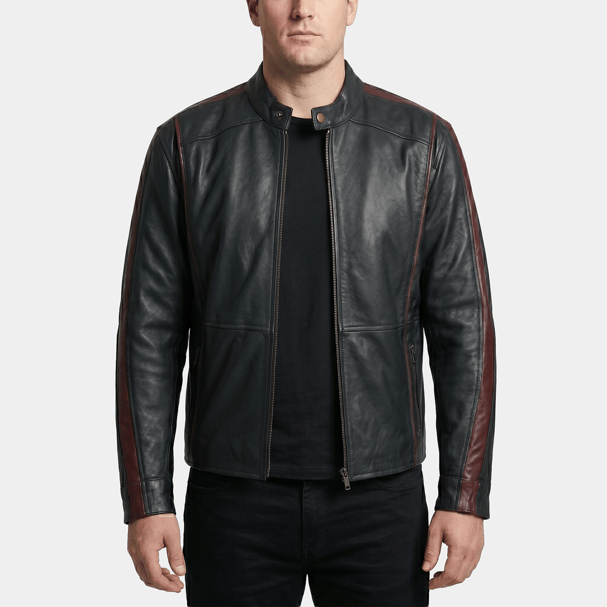 Dante Big & Tall Men's Black Leather Racer Jacket with Burgundy Trim