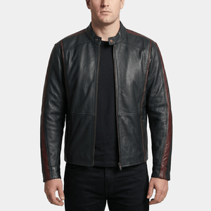 Dante Big & Tall Men's Black Leather Racer Jacket with Burgundy Trim