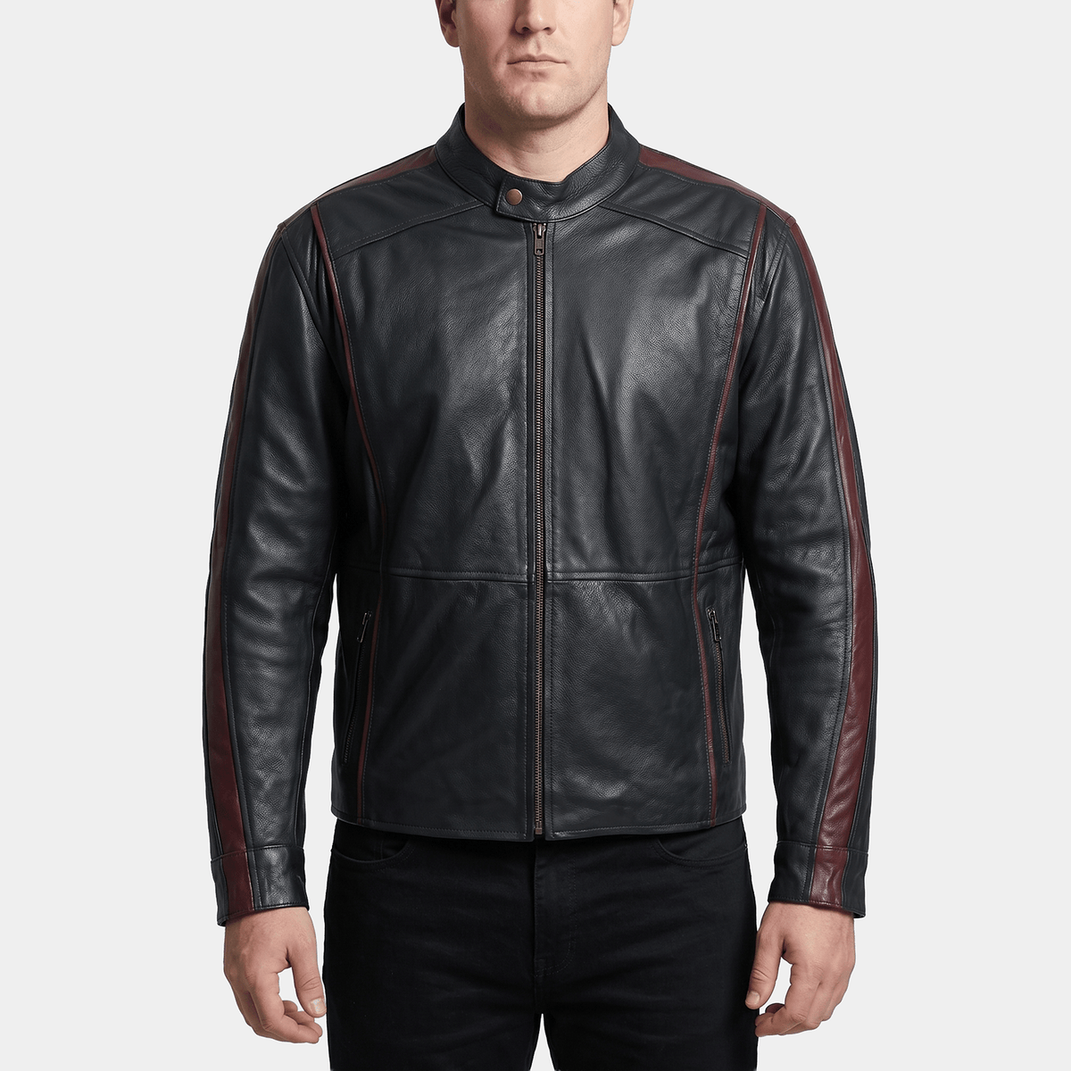 Dante Big & Tall Men's Black Leather Racer Jacket with Burgundy Trim