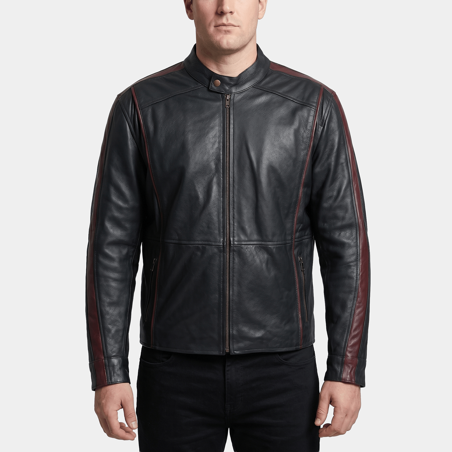 Dante Big & Tall Men's Black Leather Racer Jacket with Burgundy Trim