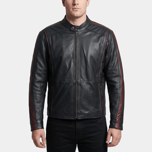 Dante Big & Tall Men's Black Leather Racer Jacket with Burgundy Trim