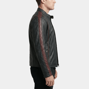 Dante Big & Tall Men's Black Leather Racer Jacket with Burgundy Trim