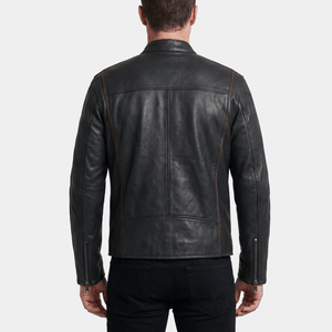 Dante Big & Tall Men's Black Leather Racer Jacket with Burgundy Trim