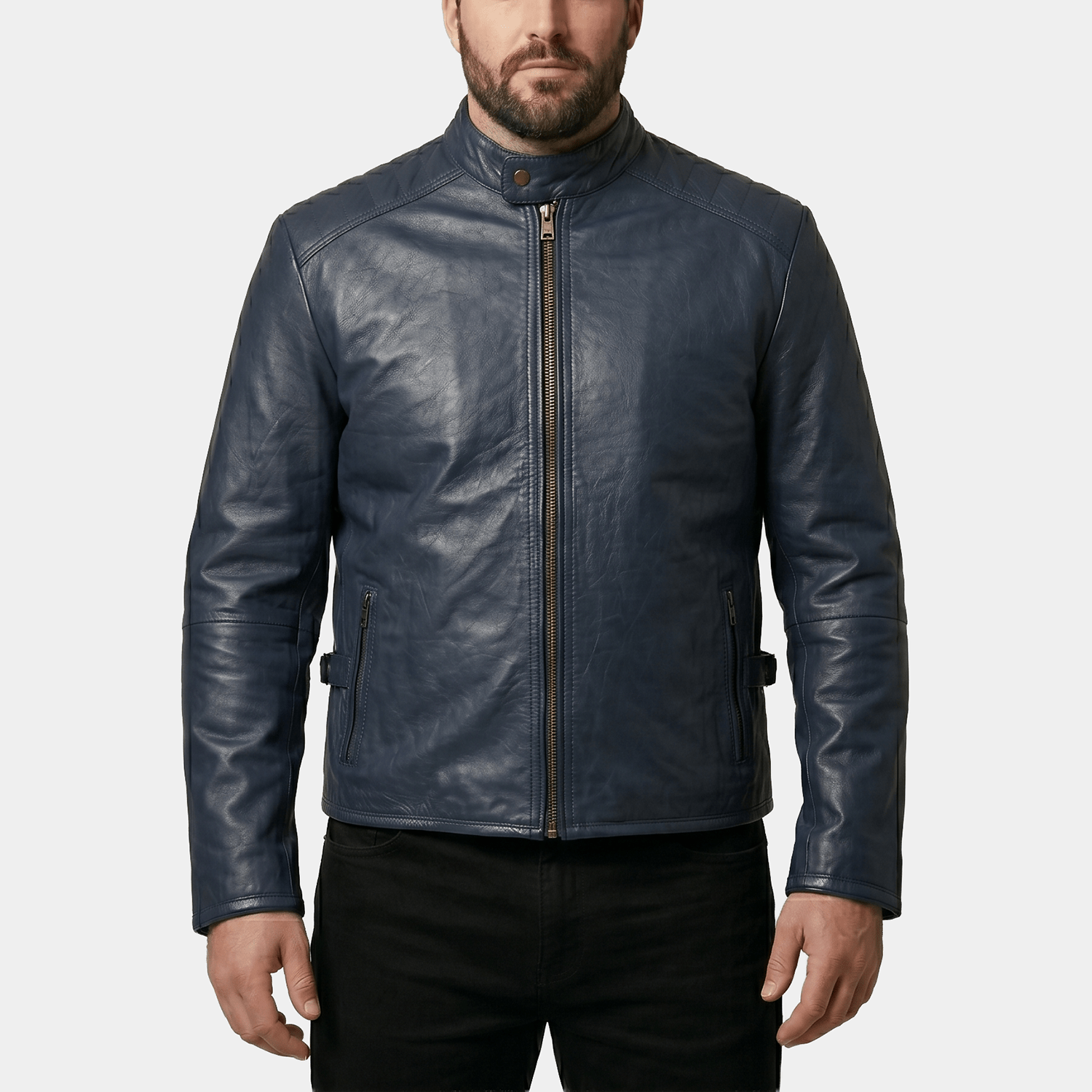 Ethan Big & Tall Men's Navy Blue Leather Café Racer Jacket