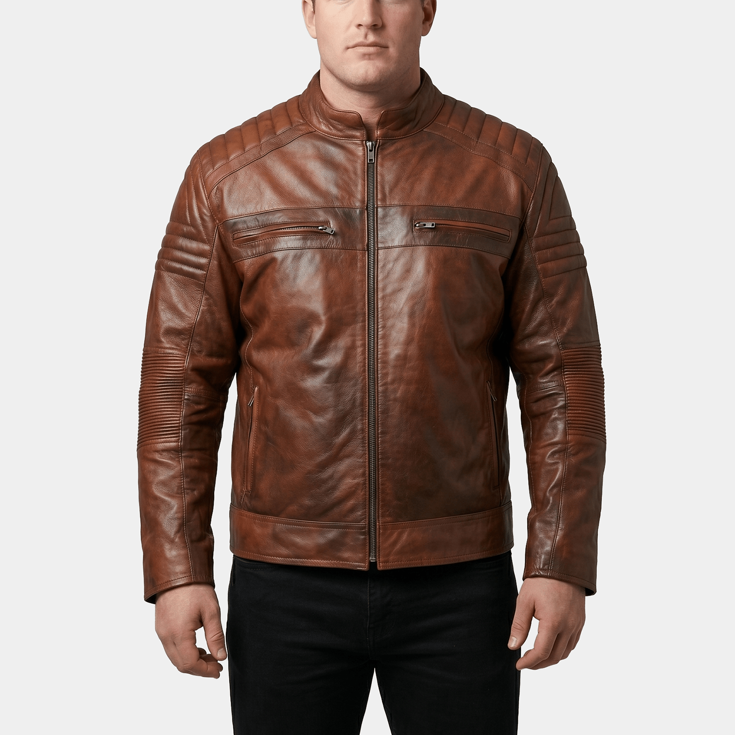 Hunter Big & Tall Men's Brown Quilted Leather Biker Jacket