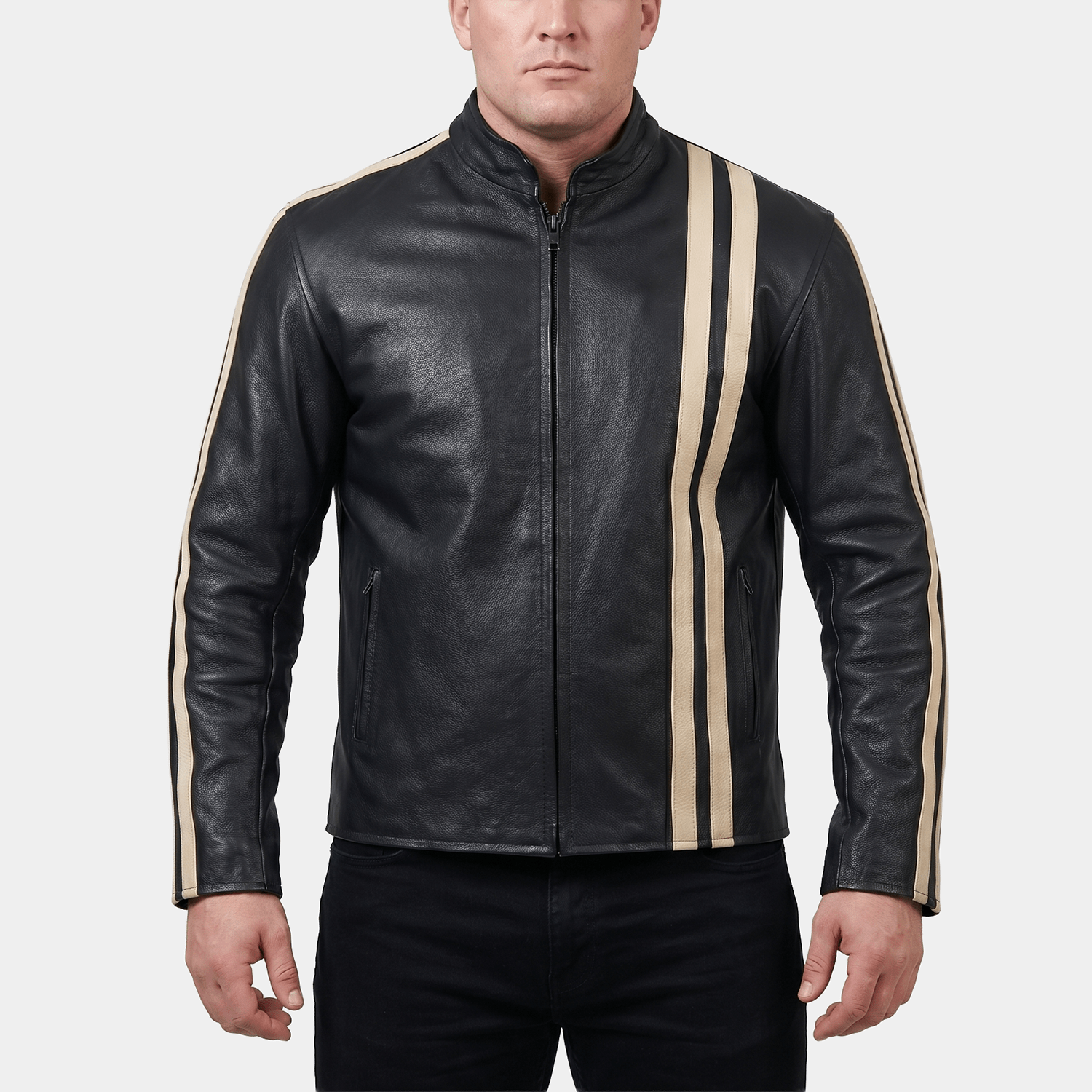 Roman Big & Tall Men's Black Leather Racing Stripe Jacket