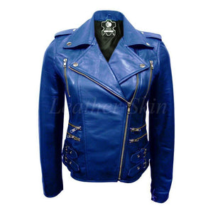 Leather Skin Women Blue Brando Biker Motorcycle Genuine Leather Jacket