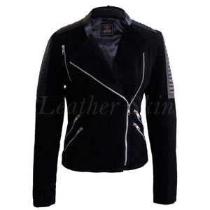 Leather Skin Women Black Brando Suede Sleeve Shoulder Padded Leather Jacket