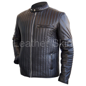 Leather Skin Men Black Rib Quilted Genuine Leather Jacket