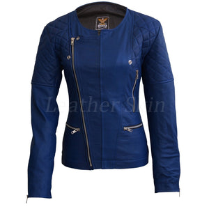 Leather Skin Women Blue Shoulder Quilted Collarless Genuine Leather Jacket