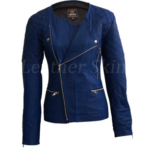 Leather Skin Women Blue Shoulder Quilted Collarless Genuine Leather Jacket