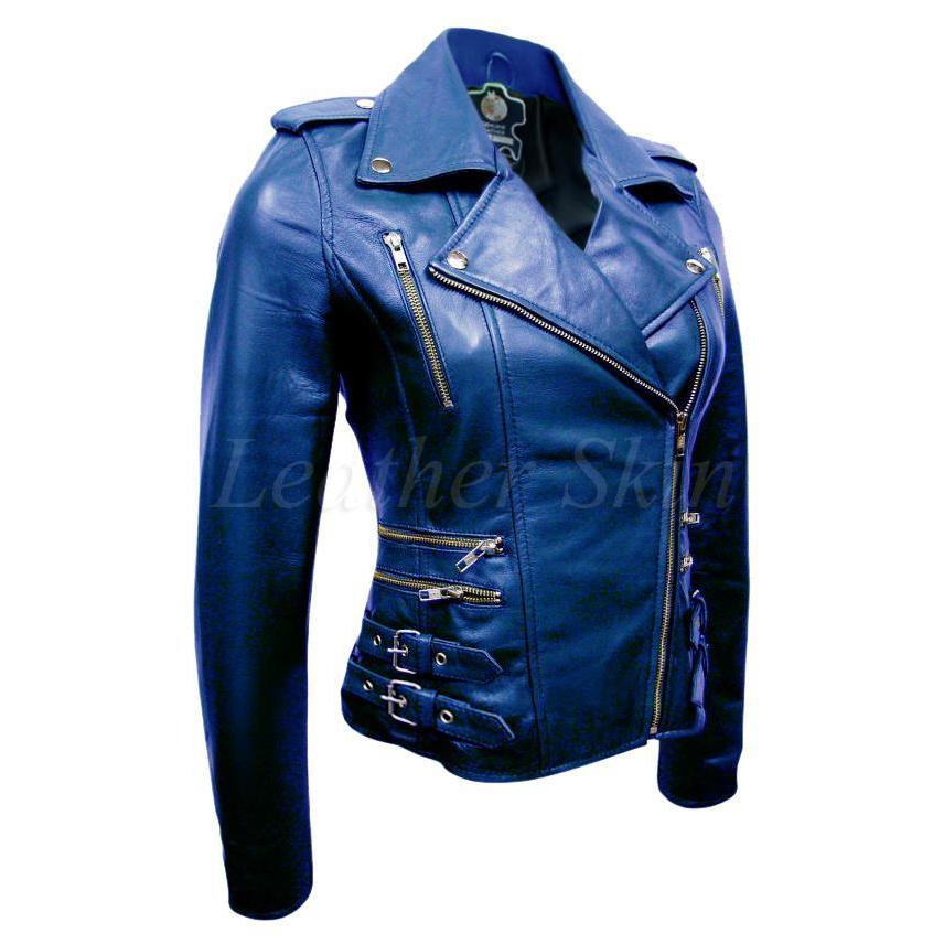 Leather Skin Women Blue Brando Biker Motorcycle Genuine Leather Jacket