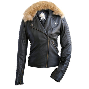 Leather Skin Brando Women Black Leather Jacket with Detachable Original Fox Fur