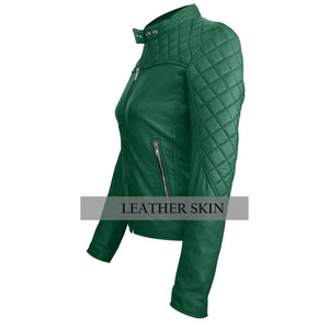 Leather Skin Women Green Quilted Genuine Leather Jacket
