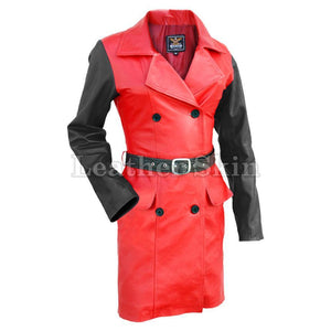 Leather Skin Women Red with Black Sleeves Genuine Leather Coat