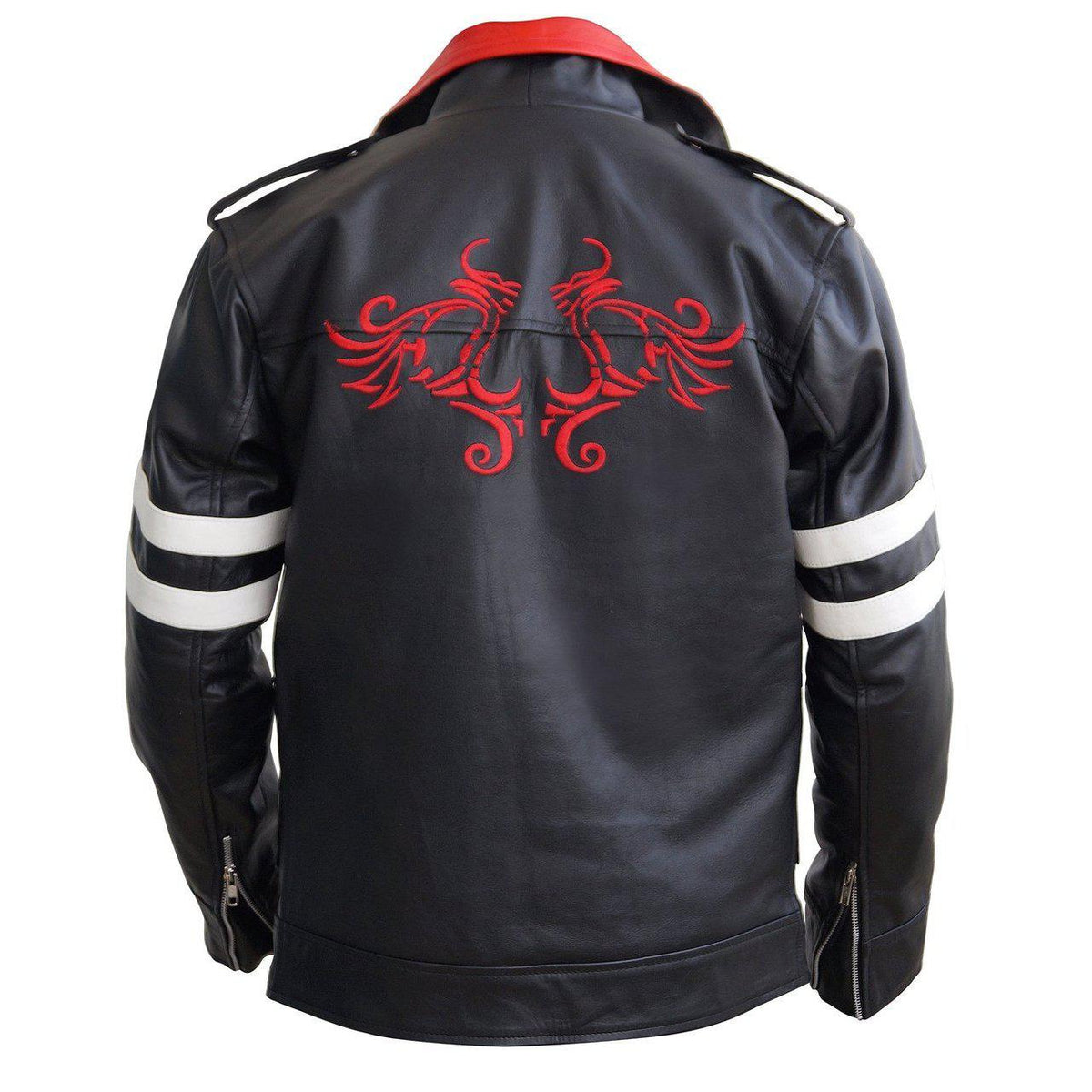 Leather Skin Black Leather Jacket with White Stripes and Dragon Embroided  Patch