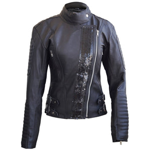 Leather Skin Women Black Genuine Leather Jacket with Black Stars