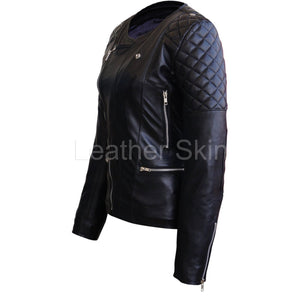 Leather Skin Women Black Brando Quilted Padded Genuine Leather Jacket