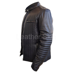 Leather Skin Men Black Rib Quilted Genuine Leather Jacket